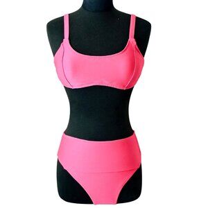 Popvil Womens L Bikini Set Pink Ribbed High-Waisted 2 pc Swim Bathing Suit NEW